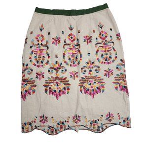 Corey Lynn Calter Mini Linen Pencil Skirt Multicolor Embroidered Bohemian Lined